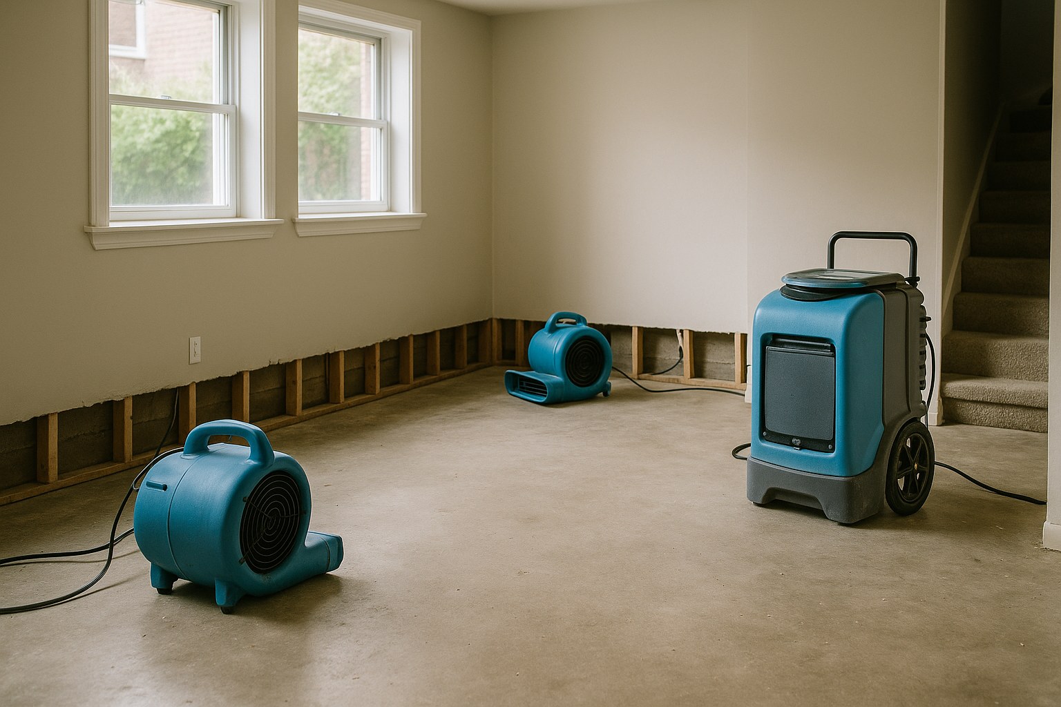A home interior undergoing professional restoration in Cincinnati, Ohio showing professional drying equipment set in a reside