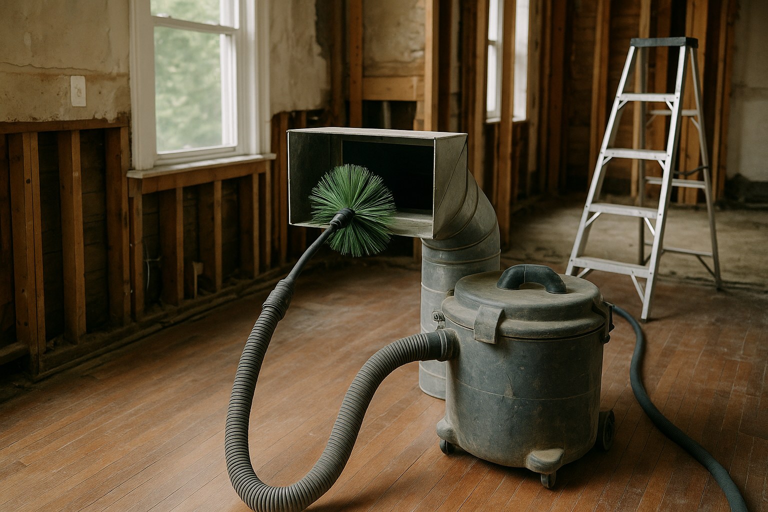 A home interior undergoing professional restoration in Cincinnati, OH showing open residential HVAC duct run being cleaned
