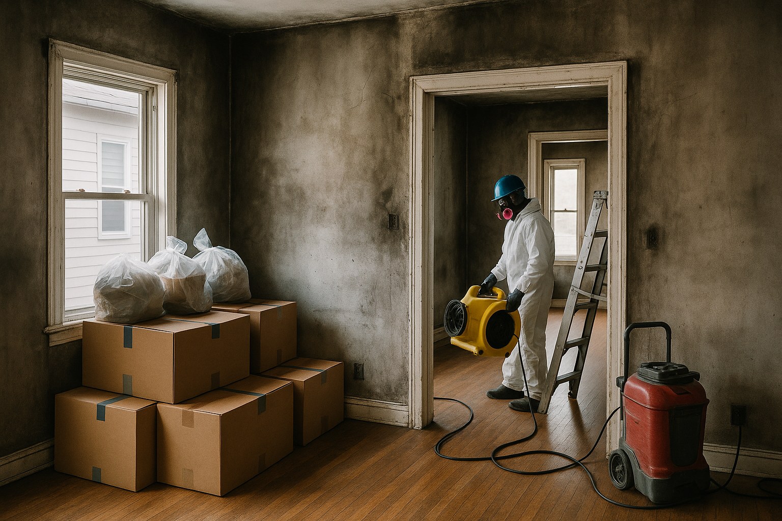 A home interior undergoing professional restoration in Cincinnati, OH showing soot-stained interior walls of a home