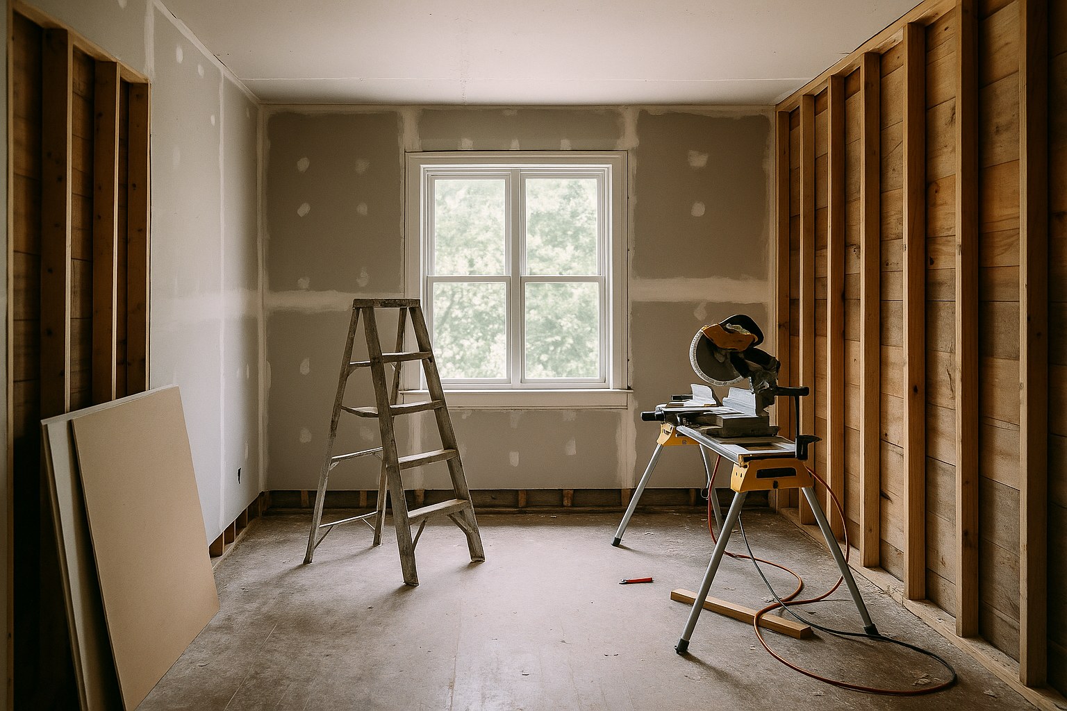 A residential room mid-reconstruction with new drywall and framing after a restoration project in Cincinnati, Ohio